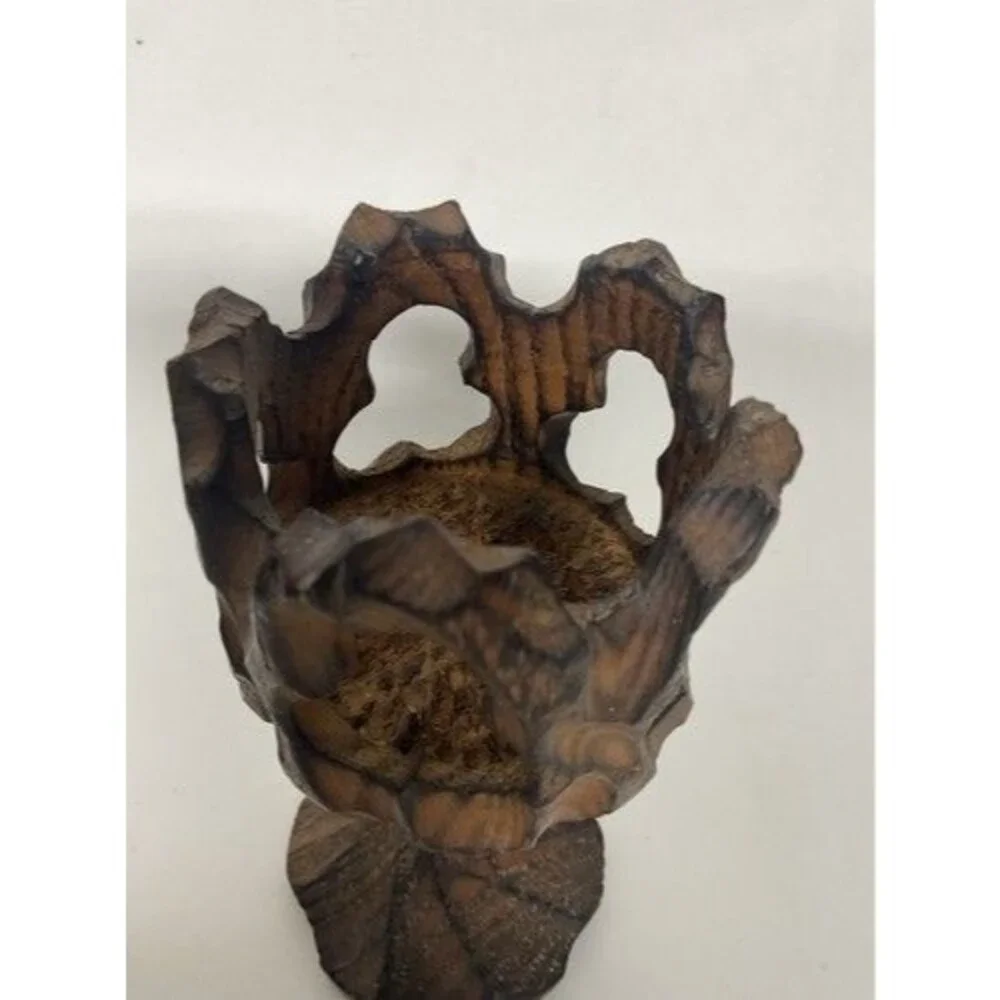 VTG Chine SE Crude Gothic Burnt‎ Wood Carved Goblet/Candle Holder 6” Taiwan